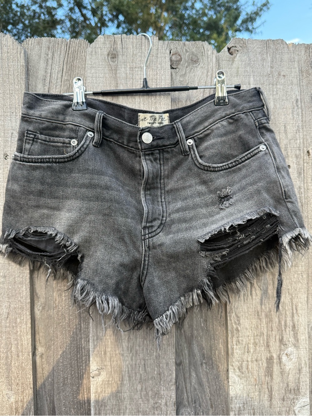 Free People We The Free Washed Black Distressed Denim Shorts Size 27 Button Fly